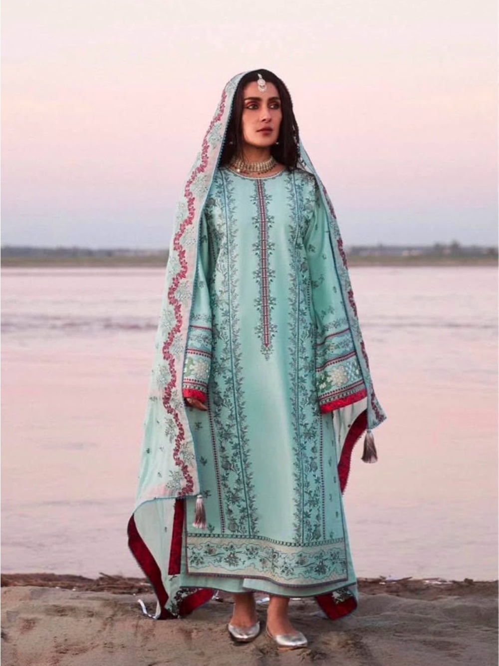 Embroidered Light Aqua Women’s Long Dress with Shawl